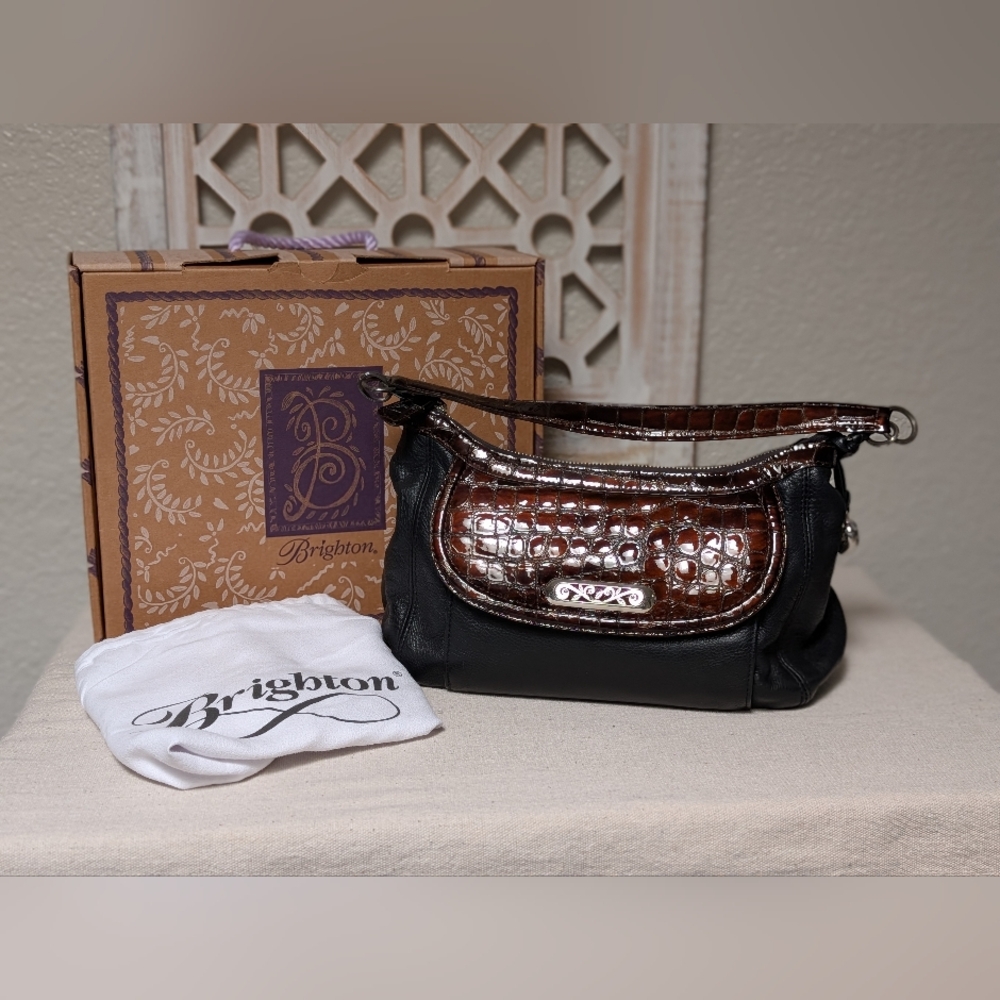 Brighton Elliot hand bag black leather faux alligator embossed designer classic